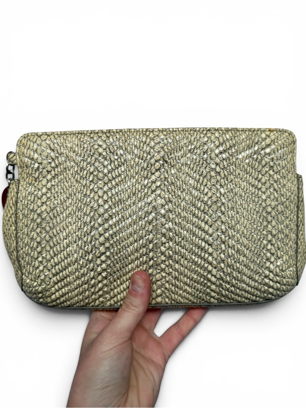 Cole Haan Snakeskin Embossed Magnetic Clutch Beige Gray